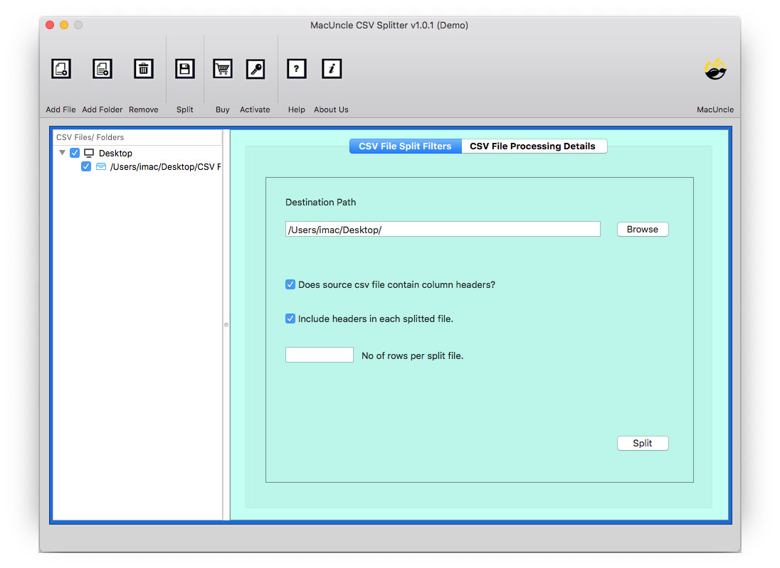 Split CSV Files on Mac using MacUncle CSV Splitter Screenshot