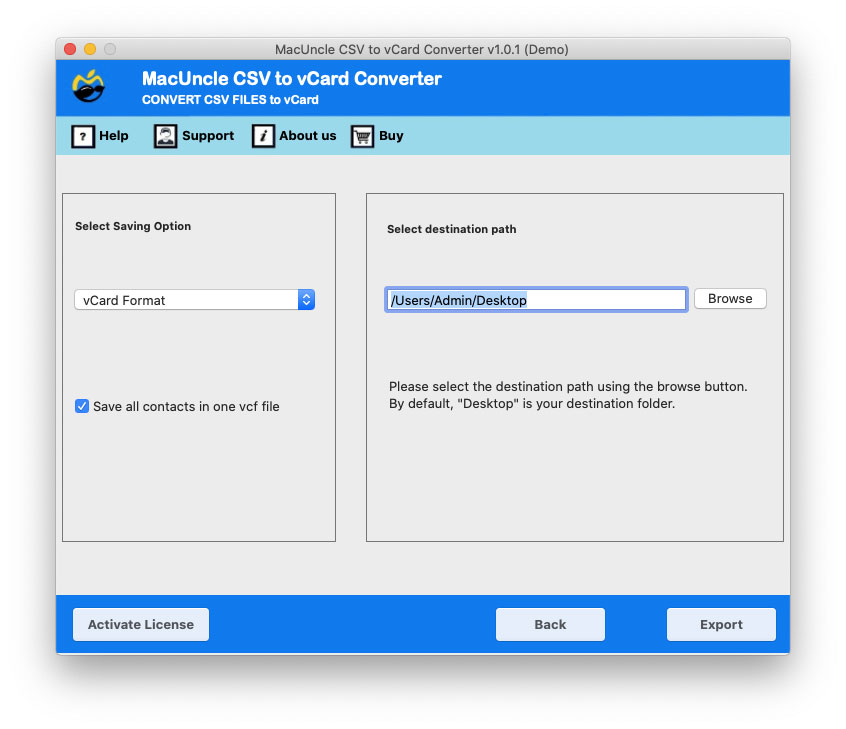 Choose vCard and destination path