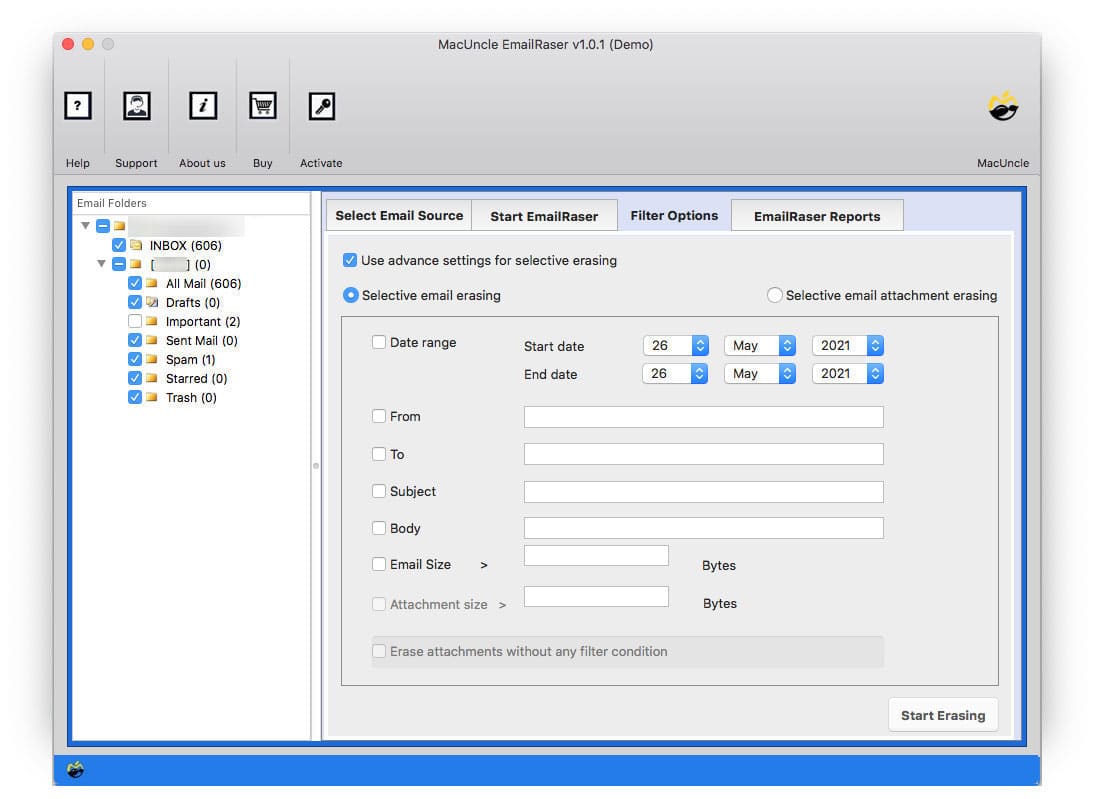 Filter and erase email files