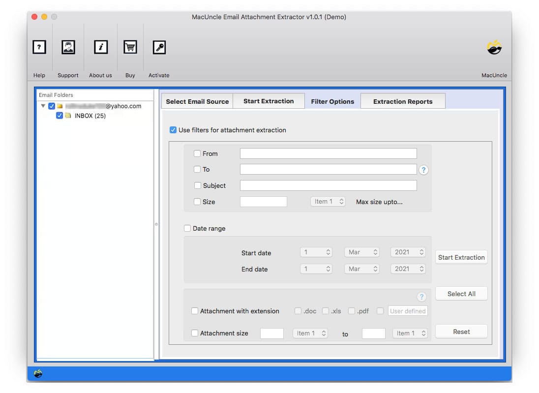 Filter option for selective Yahoo attachments extraction