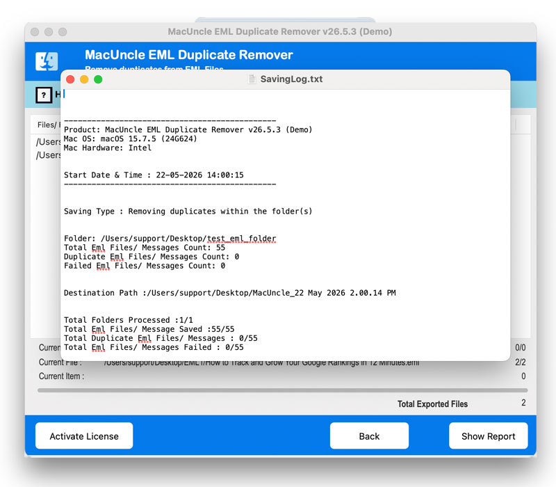 log report of eml duplicate remover