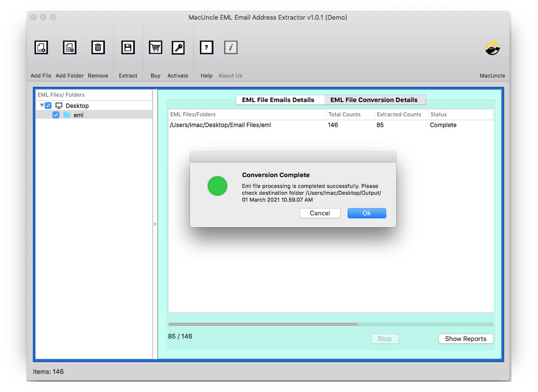 Hit OK to start EMail address extraction from EML