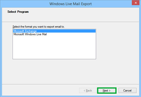 choose ms exchange to import eml files to outlook