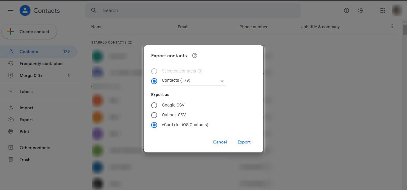 Export Contacts in .vcf format