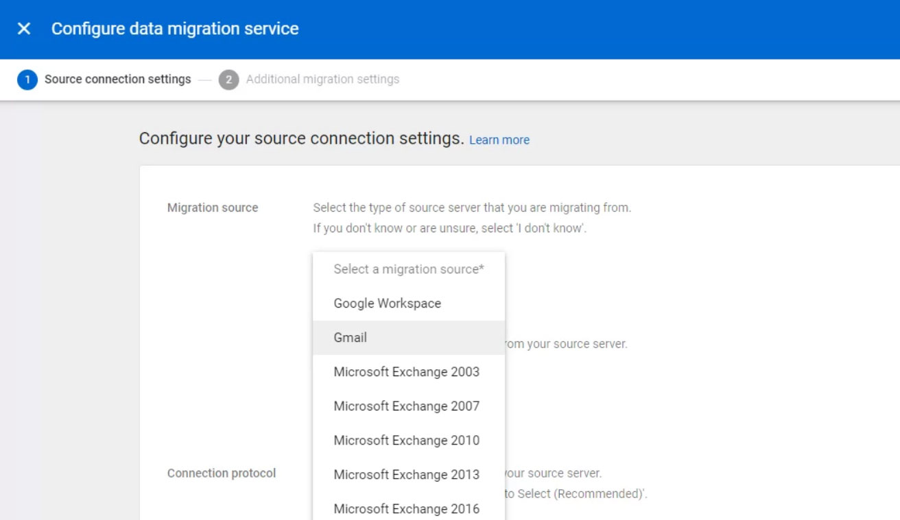Choose Gmail to migrate gmail to google workspace