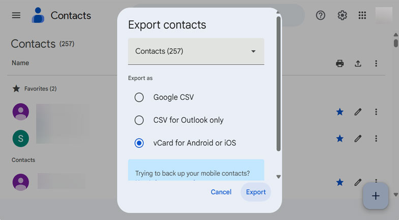 select vcard option