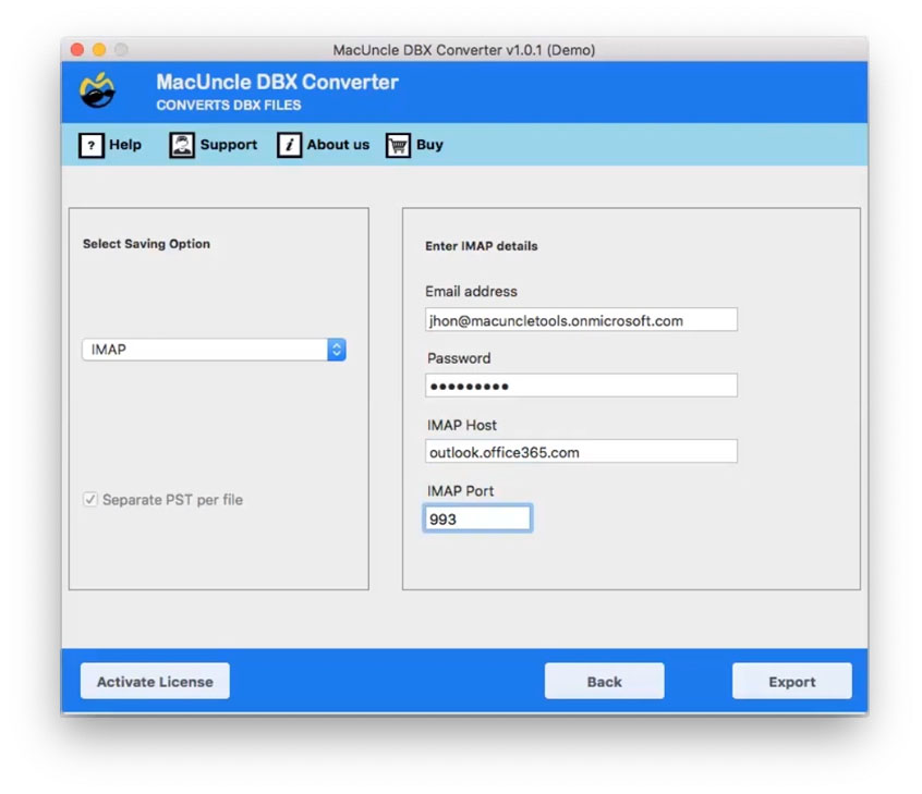 Enter O365 and IMAP Credentials to Import DBX to Office 365 Directly