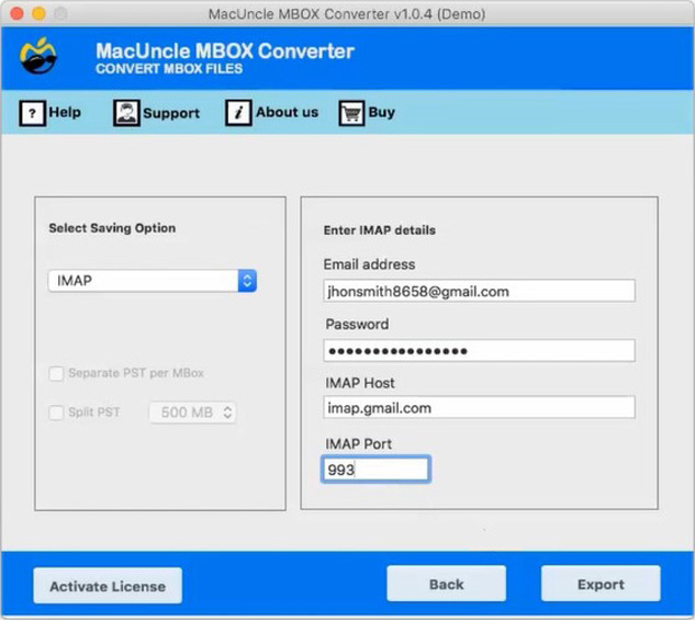 Select IMAP options and Enter Account credentials