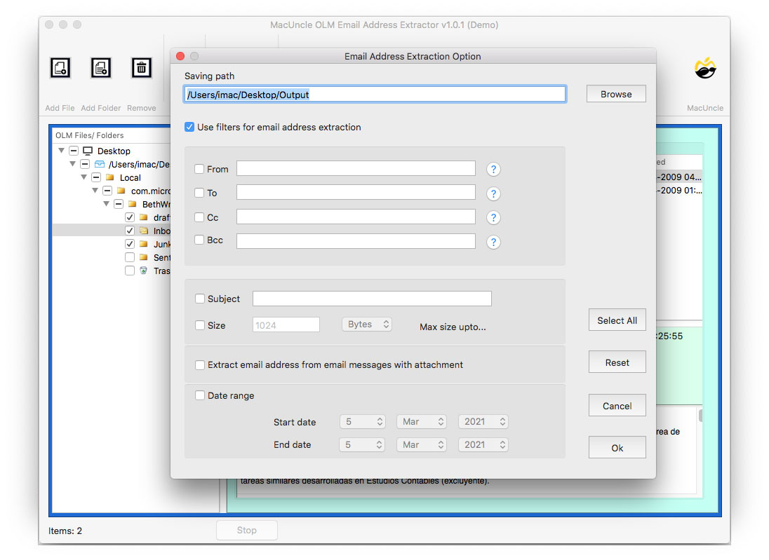 Set all required field before extracting Email IDs from Outlook Mac