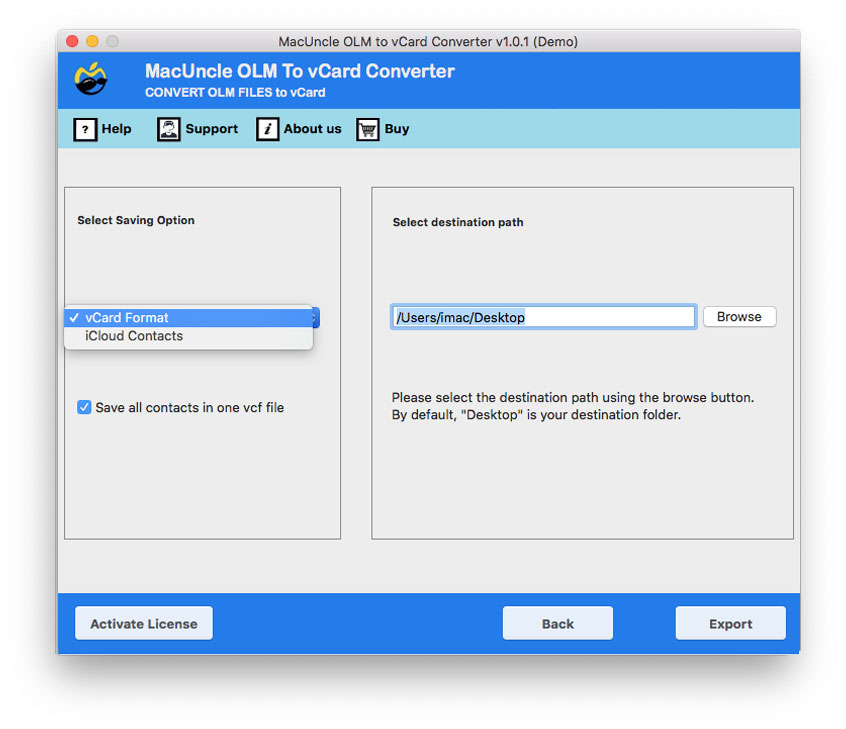 Choose vCard format to export Mac Outlook Contacts