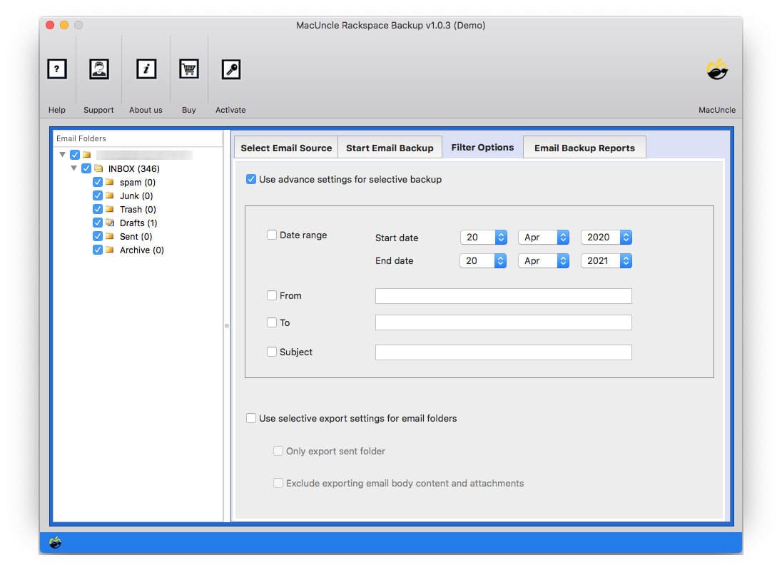 Use filter option for selectively Export Rackspace Email to PST