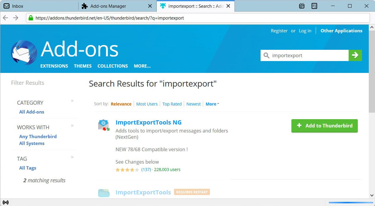 Add ImportExportTools NG to Thunderbird
