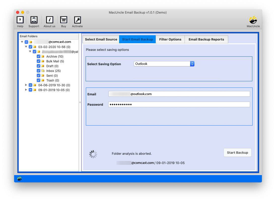 Press Start to initiate the Comcast to Outlook 2010, 2016, migration