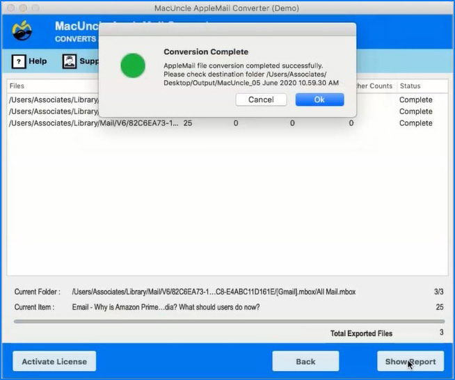 The process to transfer Mac Mailboxes to Office 365 completes