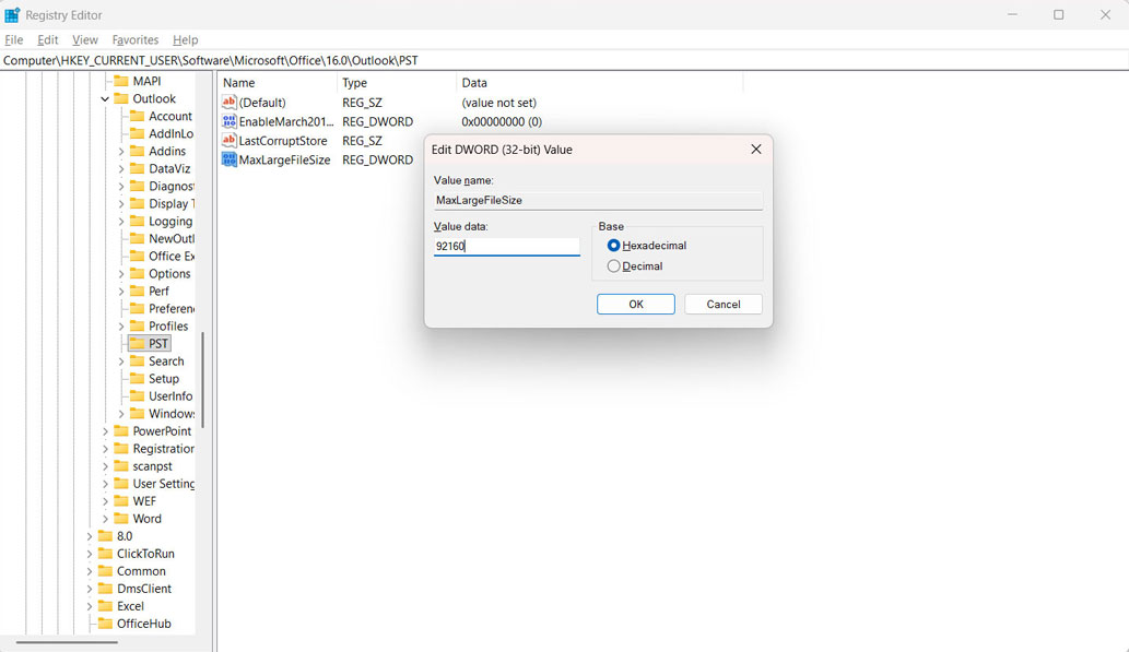 enter value to increase pst file size limit